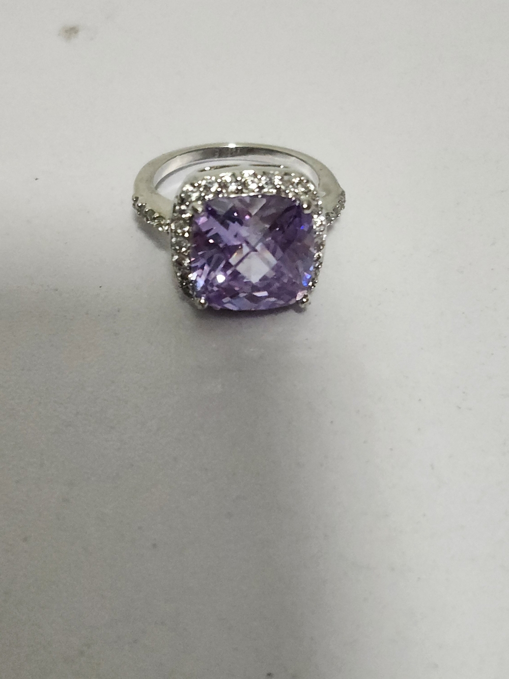 Cushion-Cut Lavender Glass Stone Halo Costume Ring